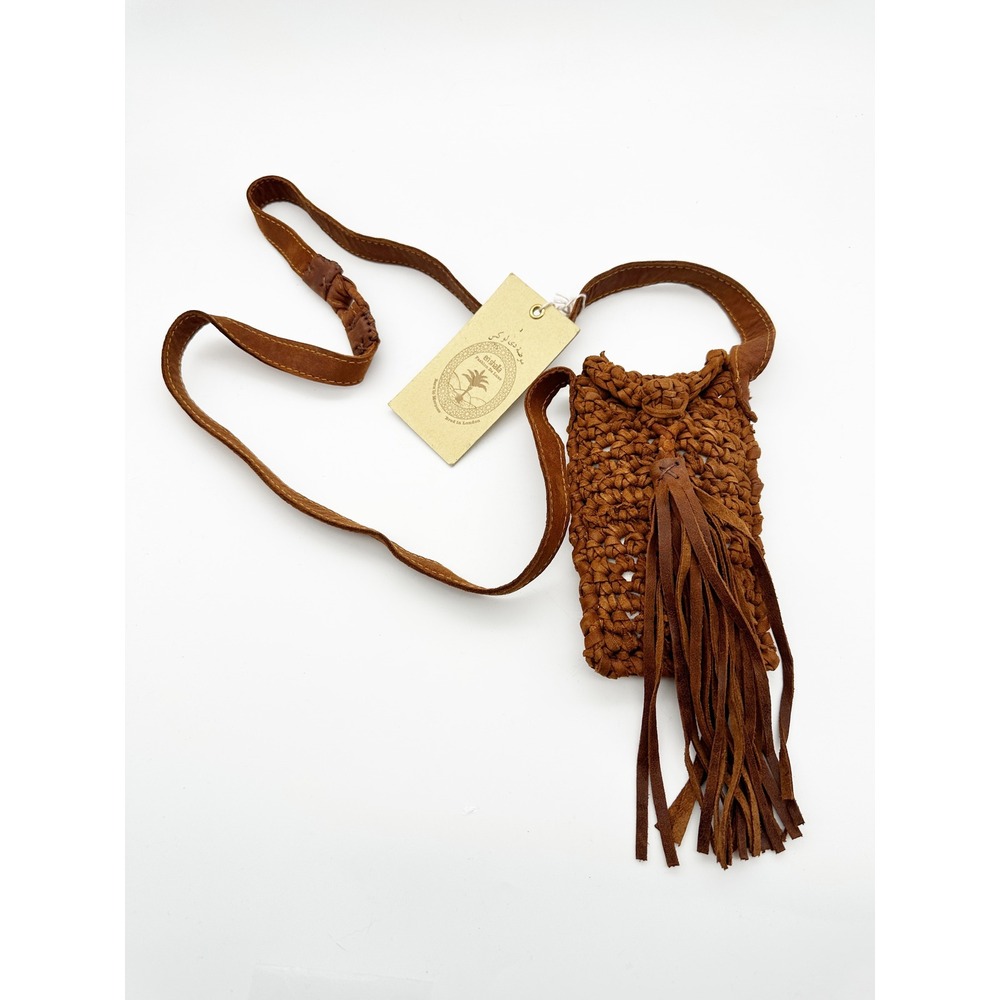 NWT En Shalla Handmade Brown Woven Leather Fringe Phone Crossbody Bag
